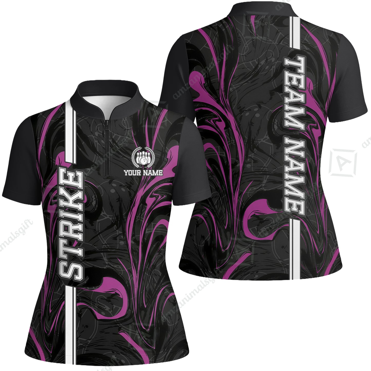 Customized Bowling Unisex Polo Shirt, Bowling Black And Pink Marble Art, Bowling Uniform - Personalized Name And Team Name