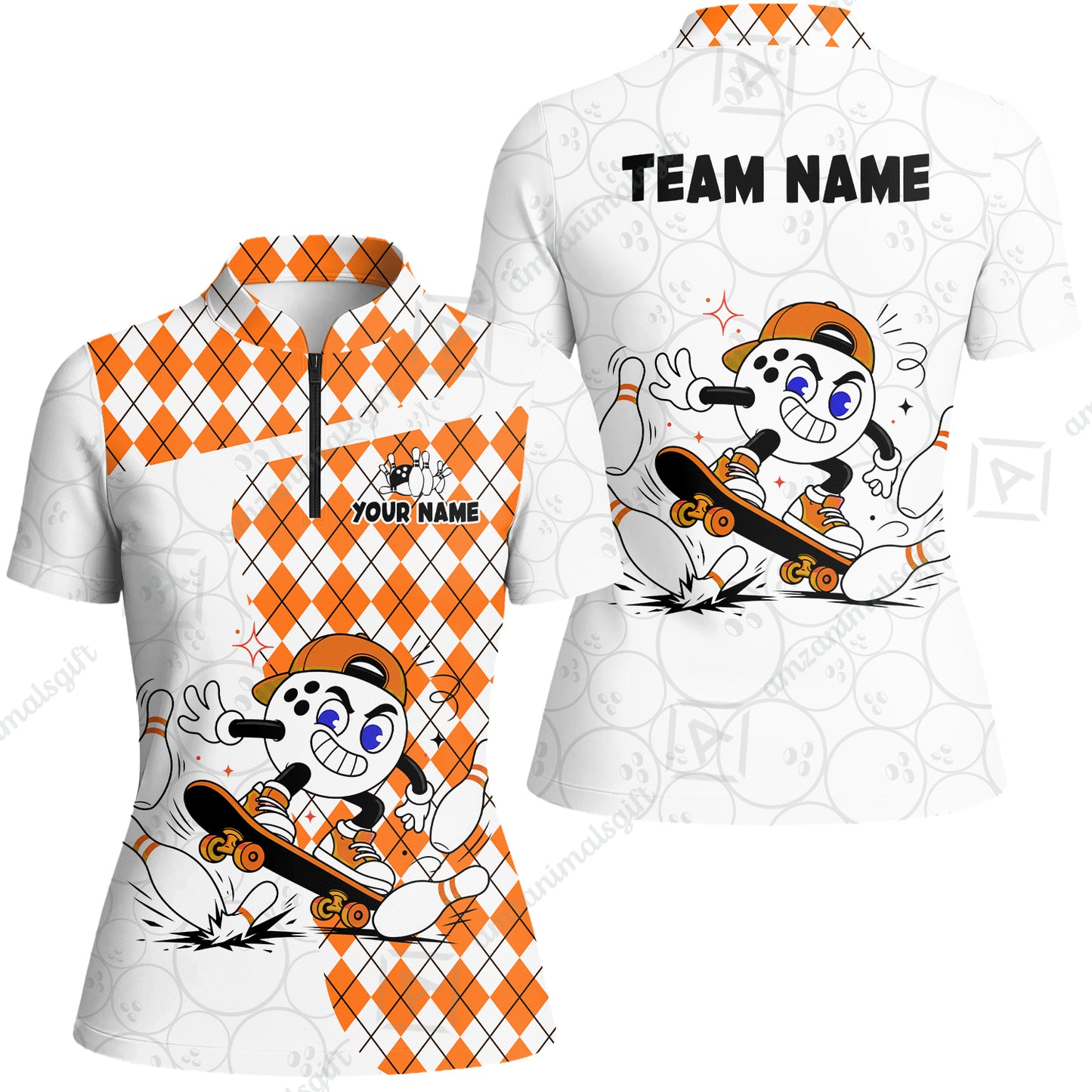 Custom Bowling Jersey Polo Shirt, Skateboarder Bowling Ball Mascot, Custom Bowling Jersey Team Shirt For Players With Name and Team Name