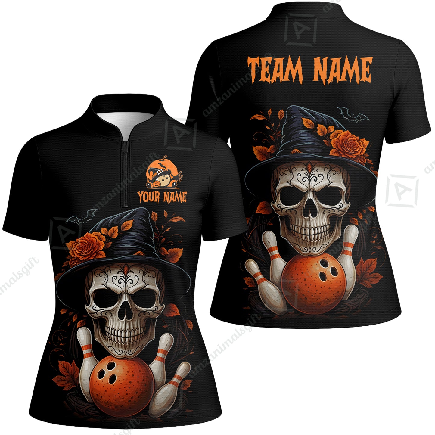 Customized Bowling Shirt, Halloween Skull Witch, Personalized Polo Shirt For Players With Name & Team Name