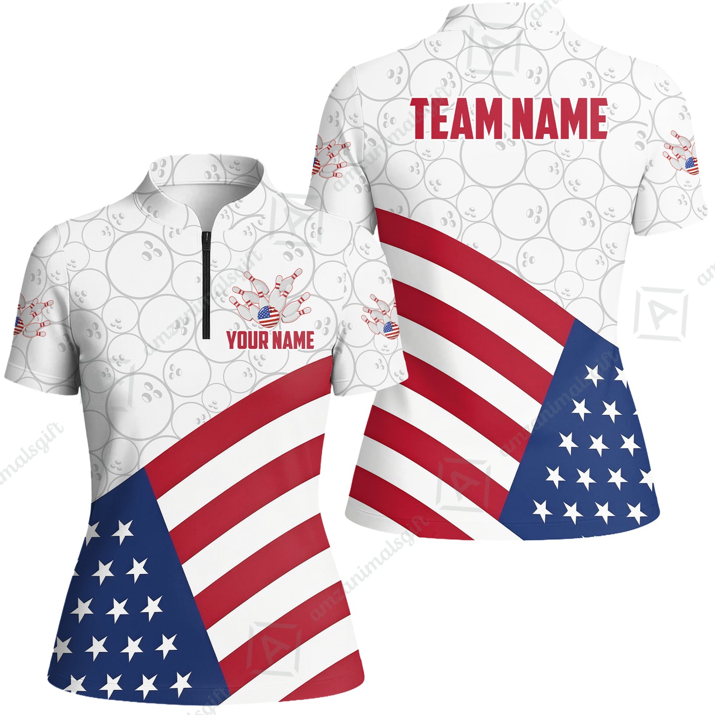 Custom Bowling Jersey Polo Shirt, Classic US Flag Diagonal Stars and Stripes, Custom Bowling Jersey Team Shirt For Players With Name and Team Name