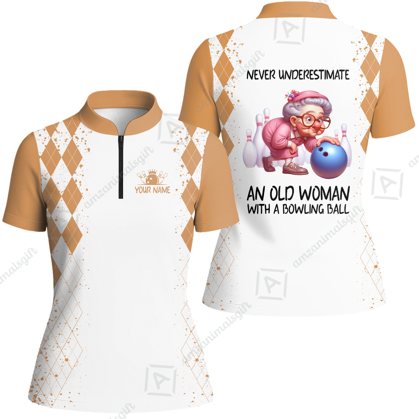 Custom Bowling Jersey Polo Shirt, Never Underestimate An Old Woman With A Bowling Ball, Personalized Name & Team Name