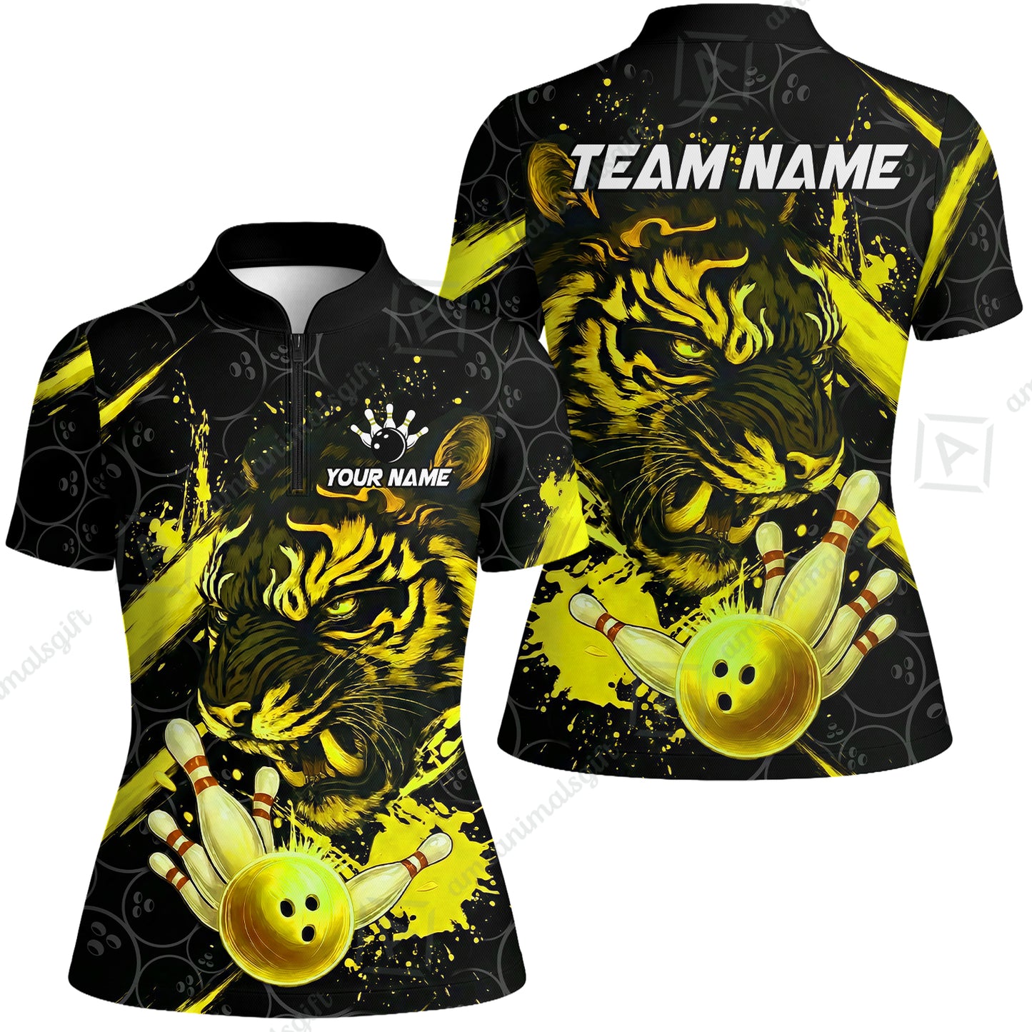 Customized Bowling Unisex Polo Shirt, Tiger Ball Striking Pins, Bowling Uniforms, Personalized Name And Team Name