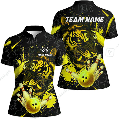 Customized Bowling Unisex Polo Shirt, Tiger Ball Striking Pins, Bowling Uniforms, Personalized Name And Team Name