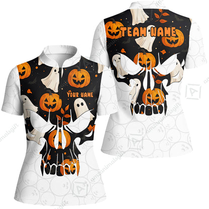 Custom Bowling Jersey Polo Shirt, Halloween Pattern Skull, Custom Bowling Jersey Team Shirt For Players With Name & Team Name