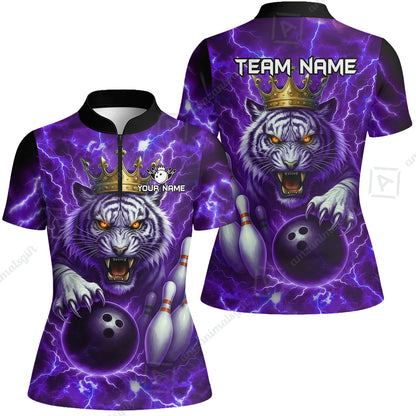 Custom Bowling Team Quarter-Zip Polo Shirt, Bowling White Tiger Lighting Shirt, Personalized Team Shirt with Custom Name