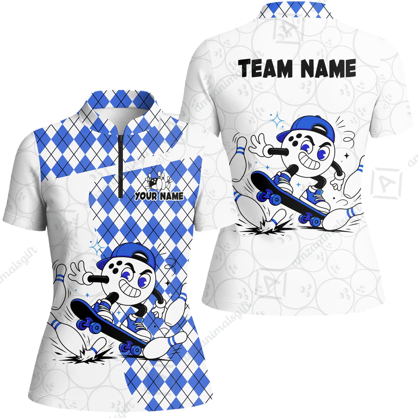 Custom Bowling Jersey Polo Shirt, Skateboarder Bowling Ball Mascot, Custom Bowling Jersey Team Shirt For Players With Name and Team Name