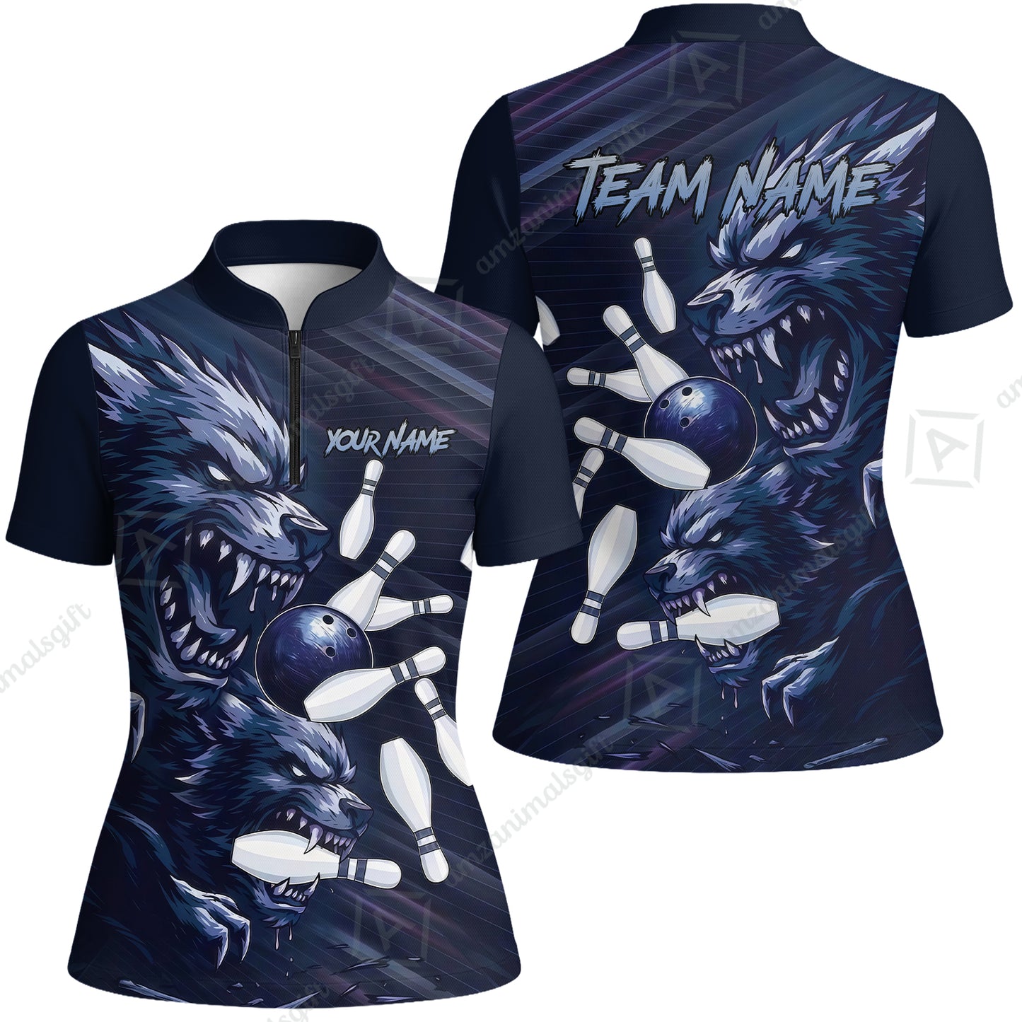 Custom Bowling Jersey Polo Shirt, Wolf Biting Bowling Pin Custom Bowling Jersey Team Shirt For Players With Name & Team Name