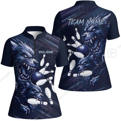 Custom Bowling Jersey Polo Shirt, Wolf Biting Bowling Pin Custom Bowling Jersey Team Shirt For Players With Name & Team Name