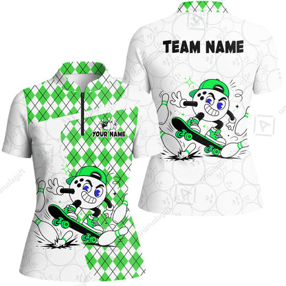 Custom Bowling Jersey Polo Shirt, Skateboarder Bowling Ball Mascot, Custom Bowling Jersey Team Shirt For Players With Name and Team Name
