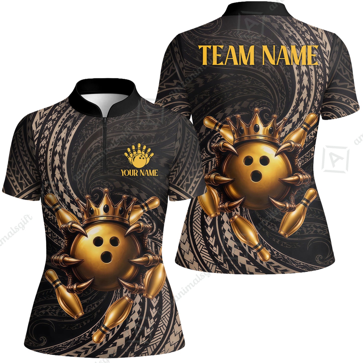 Custom Bowling Jersey Polo Shirt, Maori Tattoo Bowling Crown Gold Color, Custom Bowling Jersey Team Shirt For Players With Name and Team Name