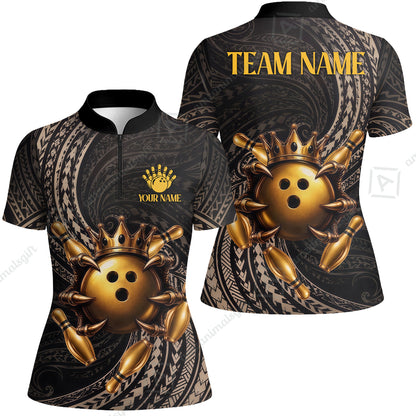 Custom Bowling Jersey Polo Shirt, Maori Tattoo Bowling Crown Gold Color, Custom Bowling Jersey Team Shirt For Players With Name and Team Name