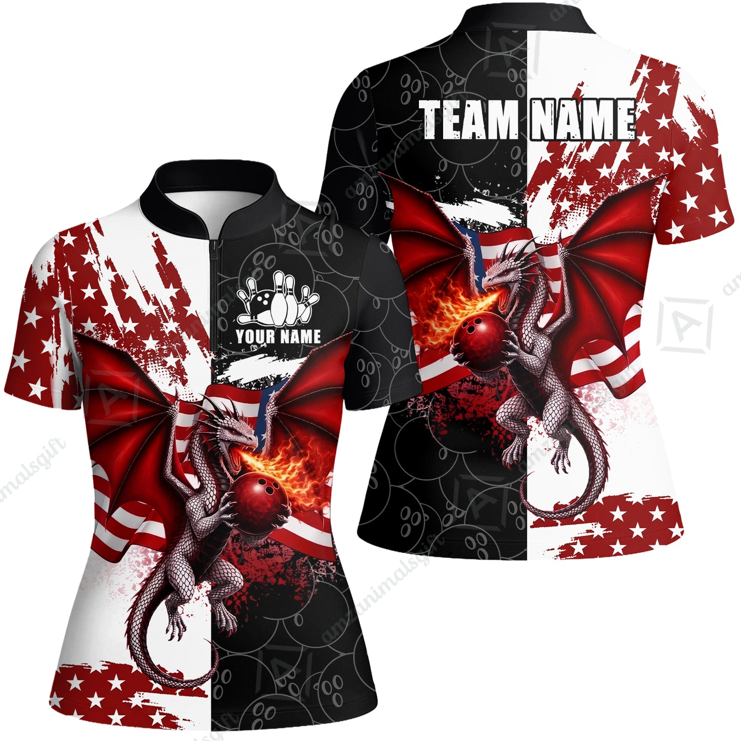 Custom Bowling Jersey Polo Shirt, Patriotic Fire Dragon Split Contrast, Custom Bowling Jersey Team Shirt For Players With Name and Team Name