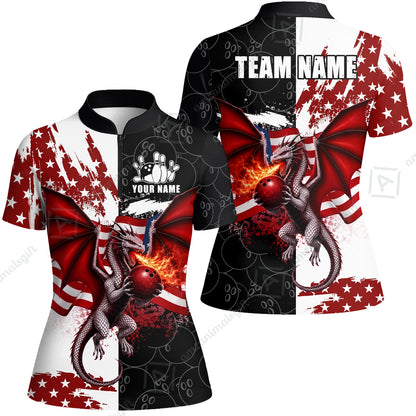 Custom Bowling Jersey Polo Shirt, Patriotic Fire Dragon Split Contrast, Custom Bowling Jersey Team Shirt For Players With Name and Team Name
