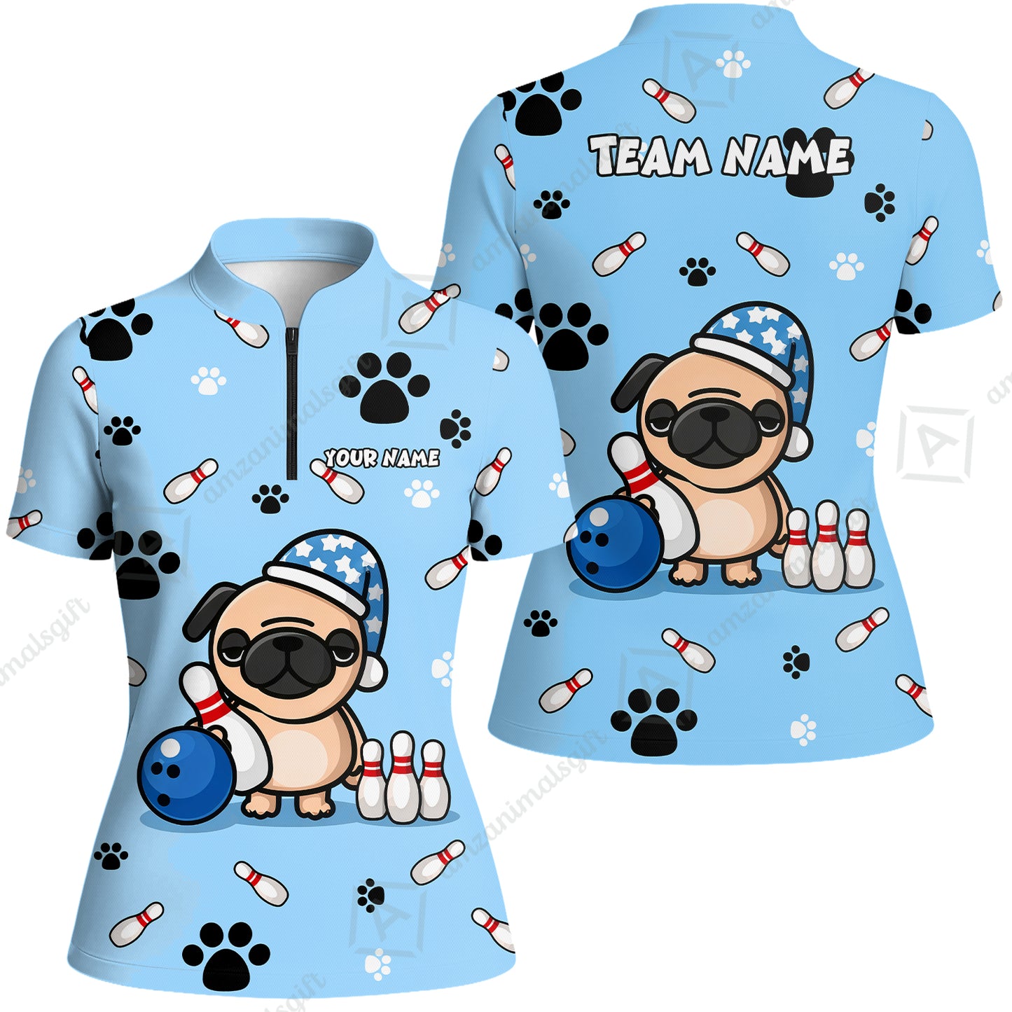 Custom Bowling Polo Shirt, Pug Lover Bowling Custom Bowling Polo Team Shirt With Name & Team Name