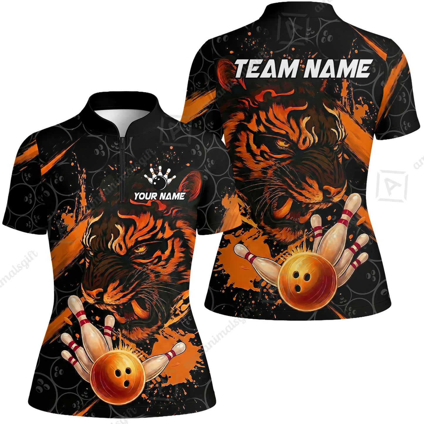 Customized Bowling Unisex Polo Shirt, Tiger Ball Striking Pins, Bowling Uniforms, Personalized Name And Team Name