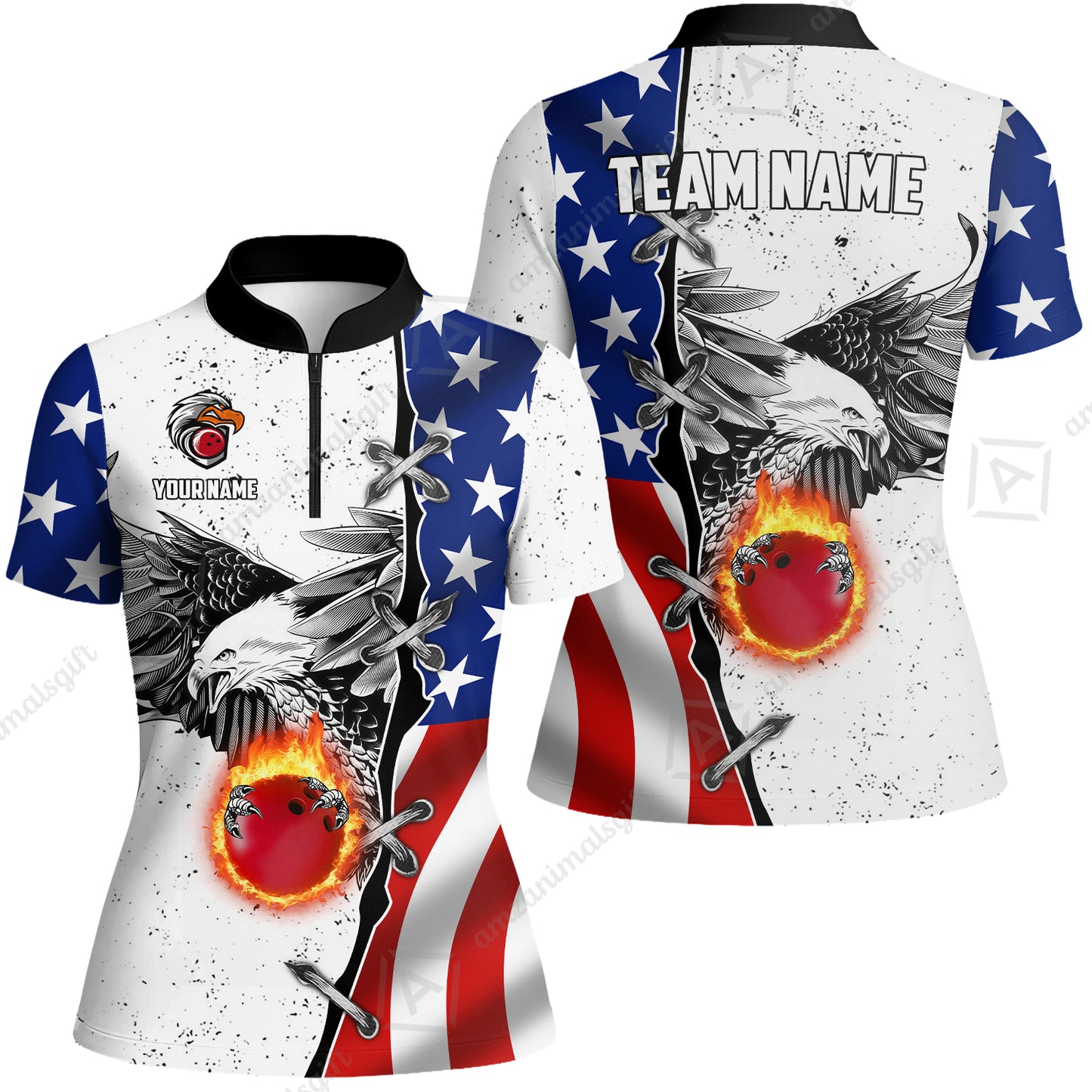 Customized Bowling Unisex Polo Shirt, US Flag White Eagle Flame Pin Dust Pattern Bowling, Personalized Name And Team Name