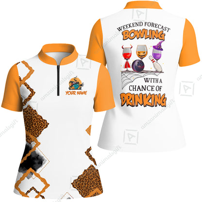 Custom Bowling Jersey Polo Shirt, Weekend Forecast Bowling With A Chance Of Drinking, Personalize Name and Team Name