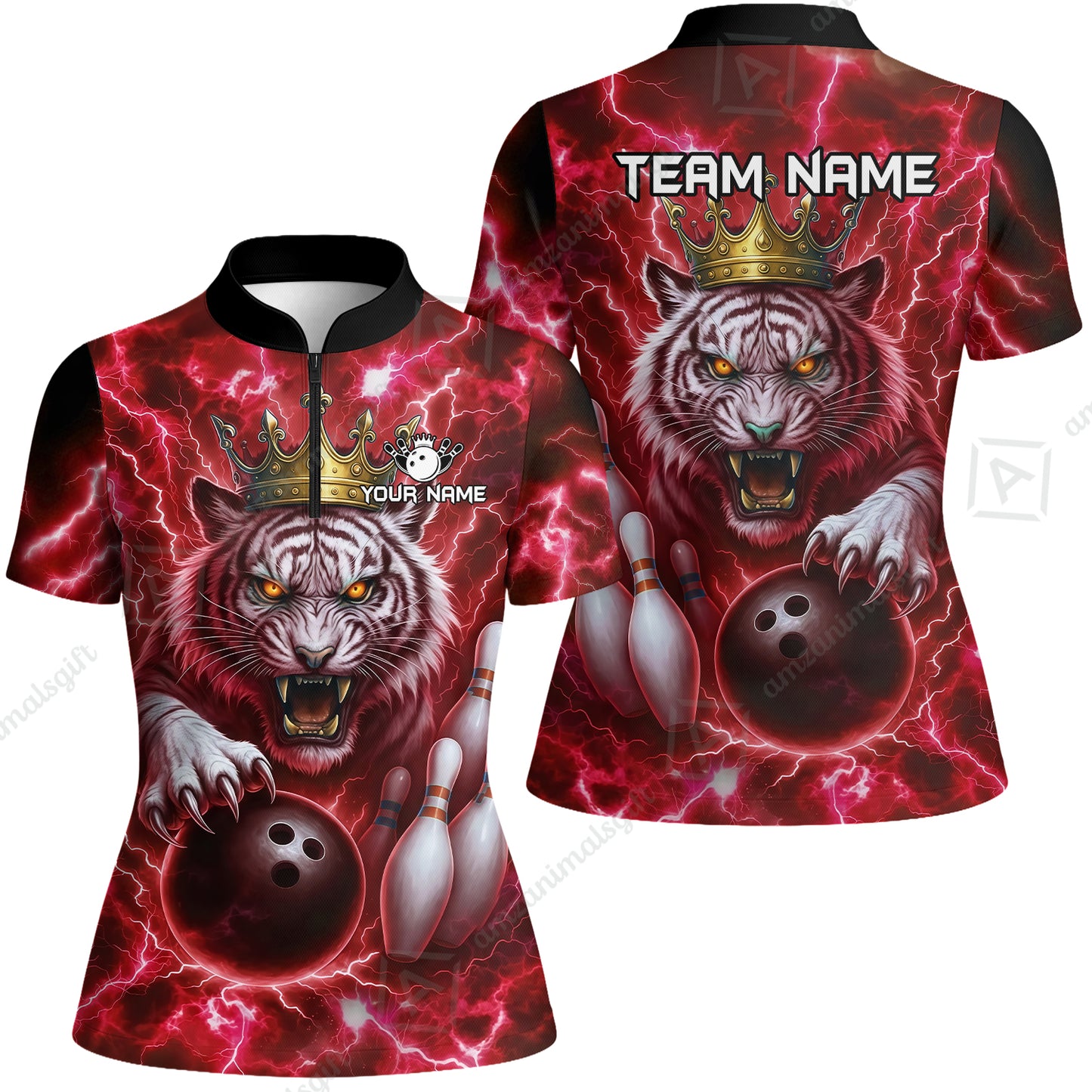 Custom Bowling Team Quarter-Zip Polo Shirt, Bowling White Tiger Lighting Shirt, Personalized Team Shirt with Custom Name