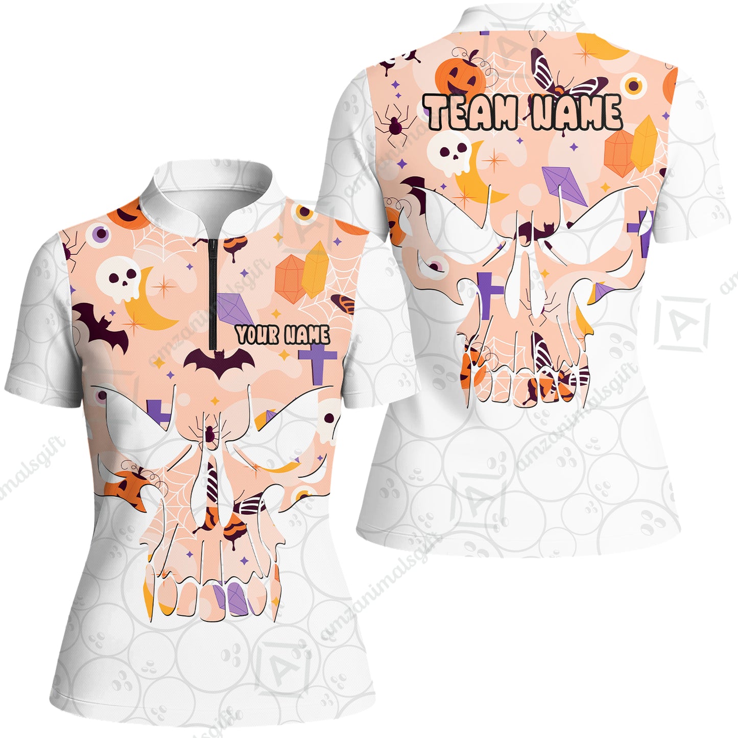 Custom Bowling Jersey Polo Shirt, Halloween Pattern Skull, Custom Bowling Jersey Team Shirt For Players With Name & Team Name