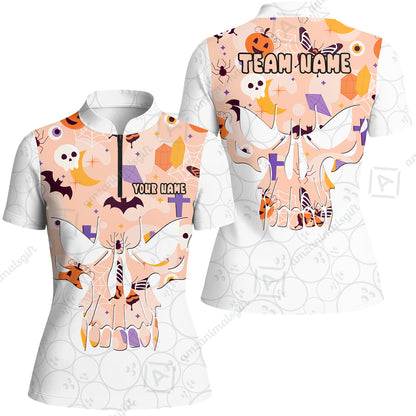 Custom Bowling Jersey Polo Shirt, Halloween Pattern Skull, Custom Bowling Jersey Team Shirt For Players With Name & Team Name