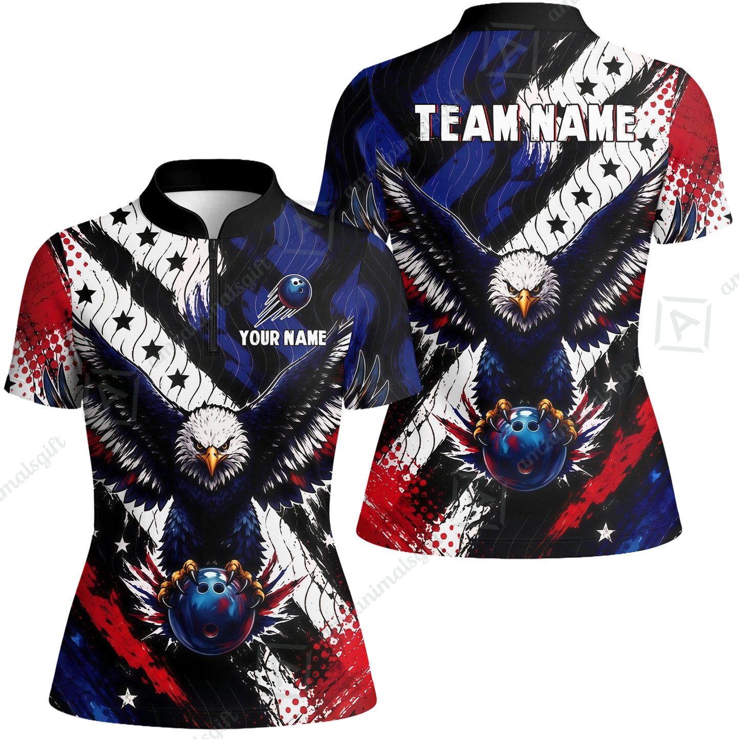 Custom Bowling Jersey Polo Shirt, American Flag And Eagle Hold Bowling Ball, Personalize Name and Team Name
