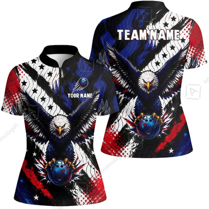 Custom Bowling Jersey Polo Shirt, American Flag And Eagle Hold Bowling Ball, Personalize Name and Team Name