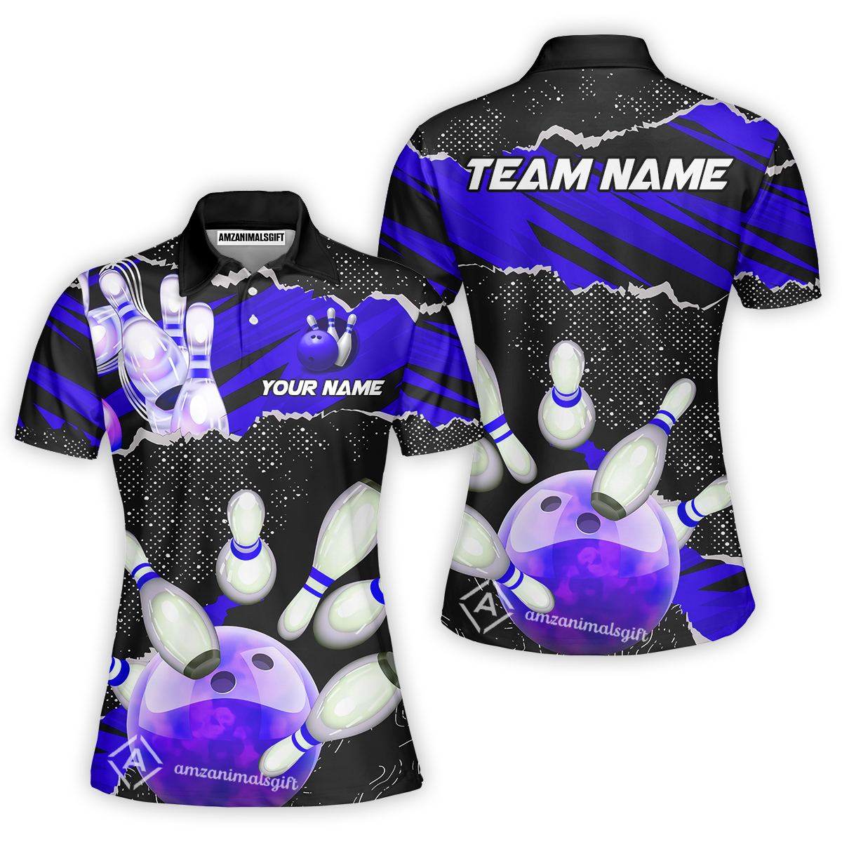 Personalized Bowling Team Women Polo Shirt, Bowling Uniforms Ball & Pins Sport Pattern Custom Name And Team Name