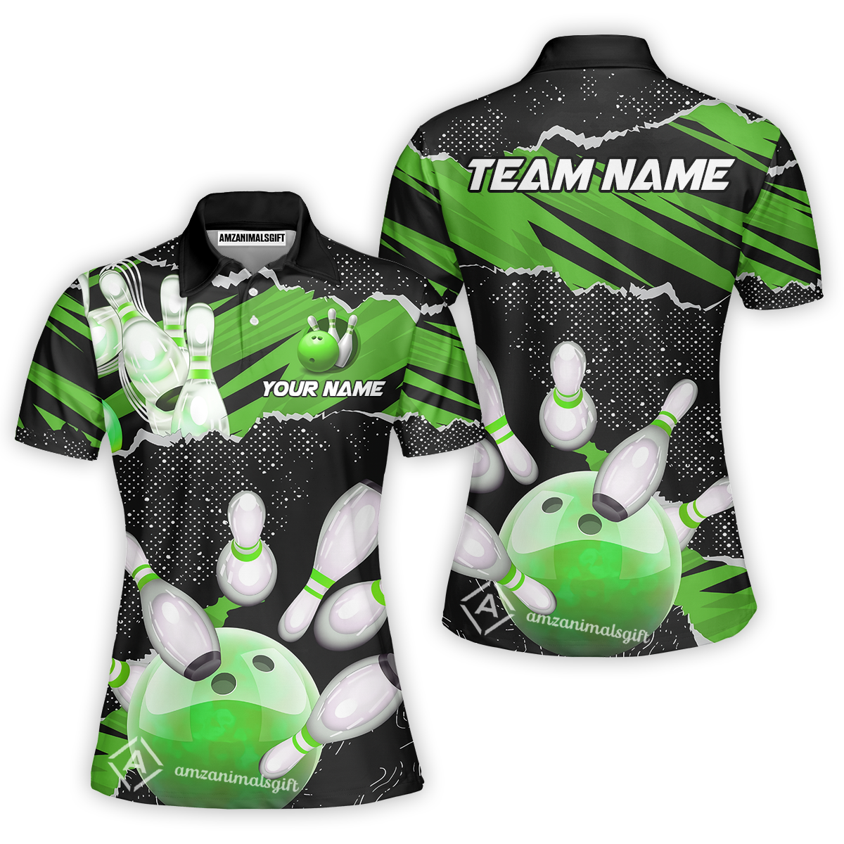 Personalized Bowling Team Women Polo Shirt, Bowling Uniforms Ball & Pins Sport Pattern Custom Name And Team Name
