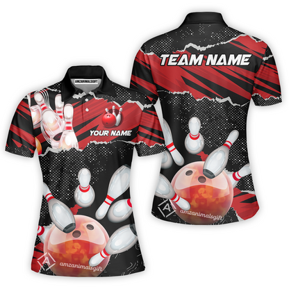 Personalized Bowling Team Women Polo Shirt, Bowling Uniforms Ball & Pins Sport Pattern Custom Name And Team Name