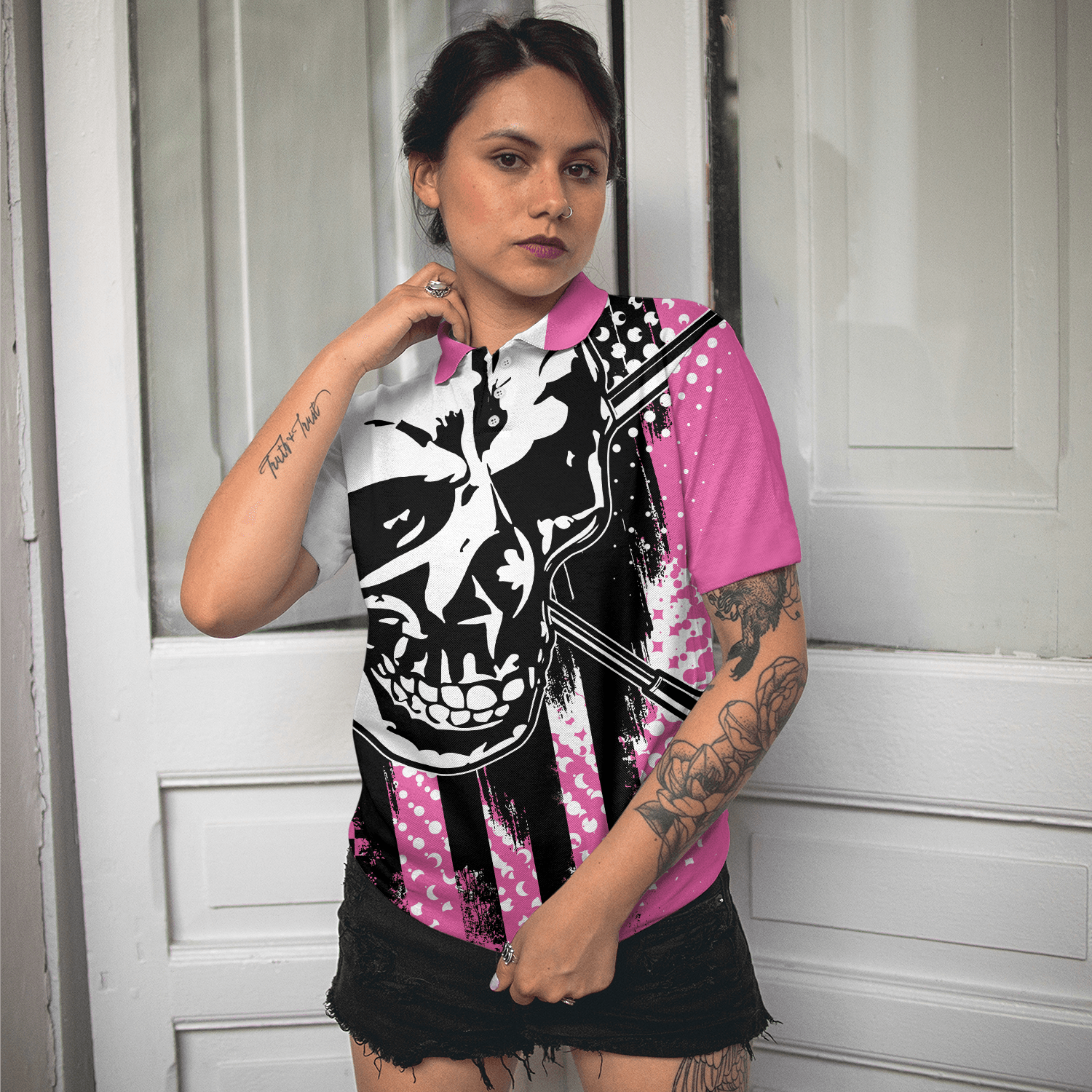 Women Polo Shirt - Blade Ladies Golf Pink Short Sleeve Women Polo Shirt, Skull Golf Shirt For Women, Unique Female Goff Gift - Amzanimalsgift