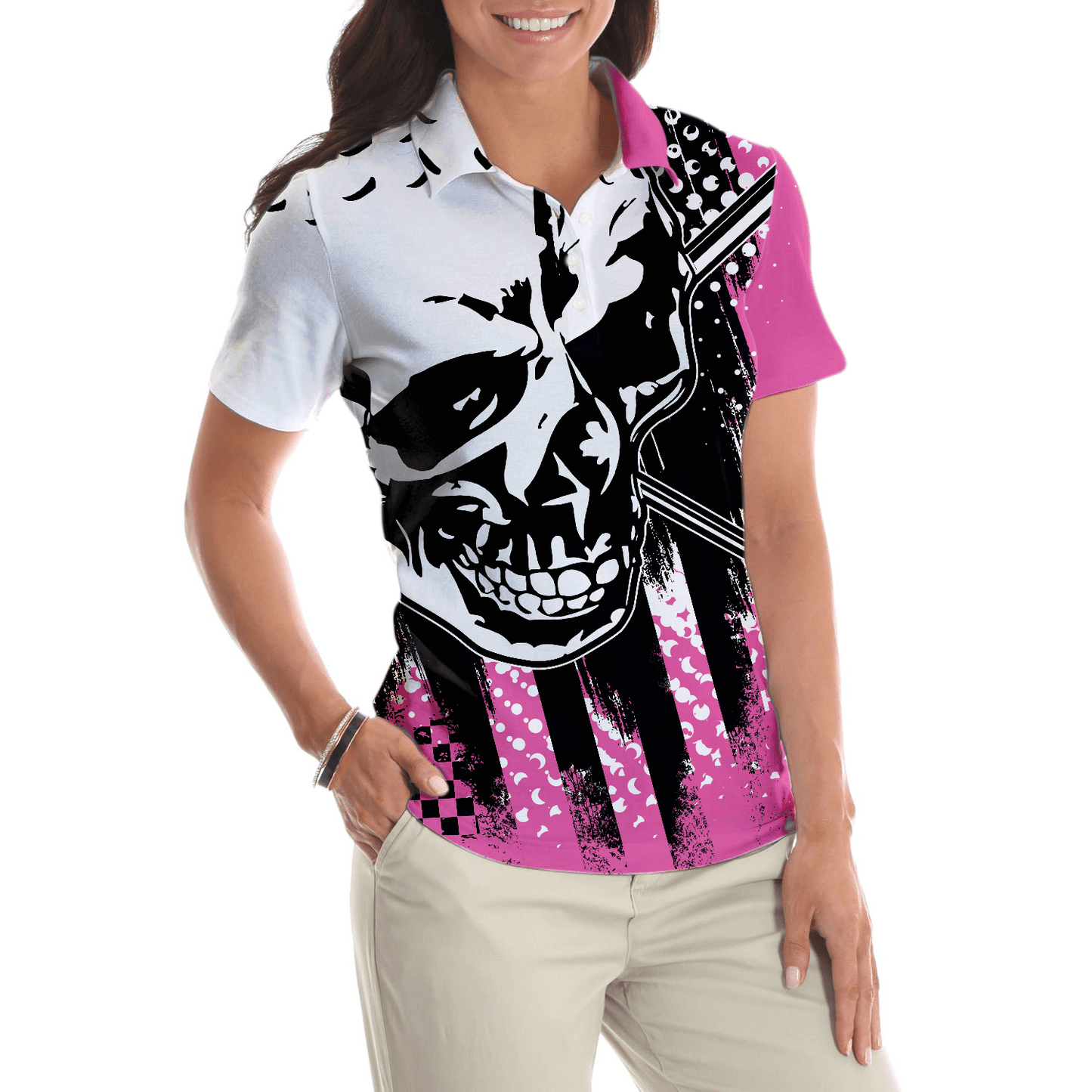 Women Polo Shirt - Blade Ladies Golf Pink Short Sleeve Women Polo Shirt, Skull Golf Shirt For Women, Unique Female Goff Gift - Amzanimalsgift