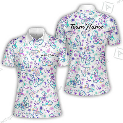 Custom Bowling Jersey Polo Shirt, Butterfly Moon Bowling, Custom Bowling Jersey Team Shirt For Players With Name & Team Name