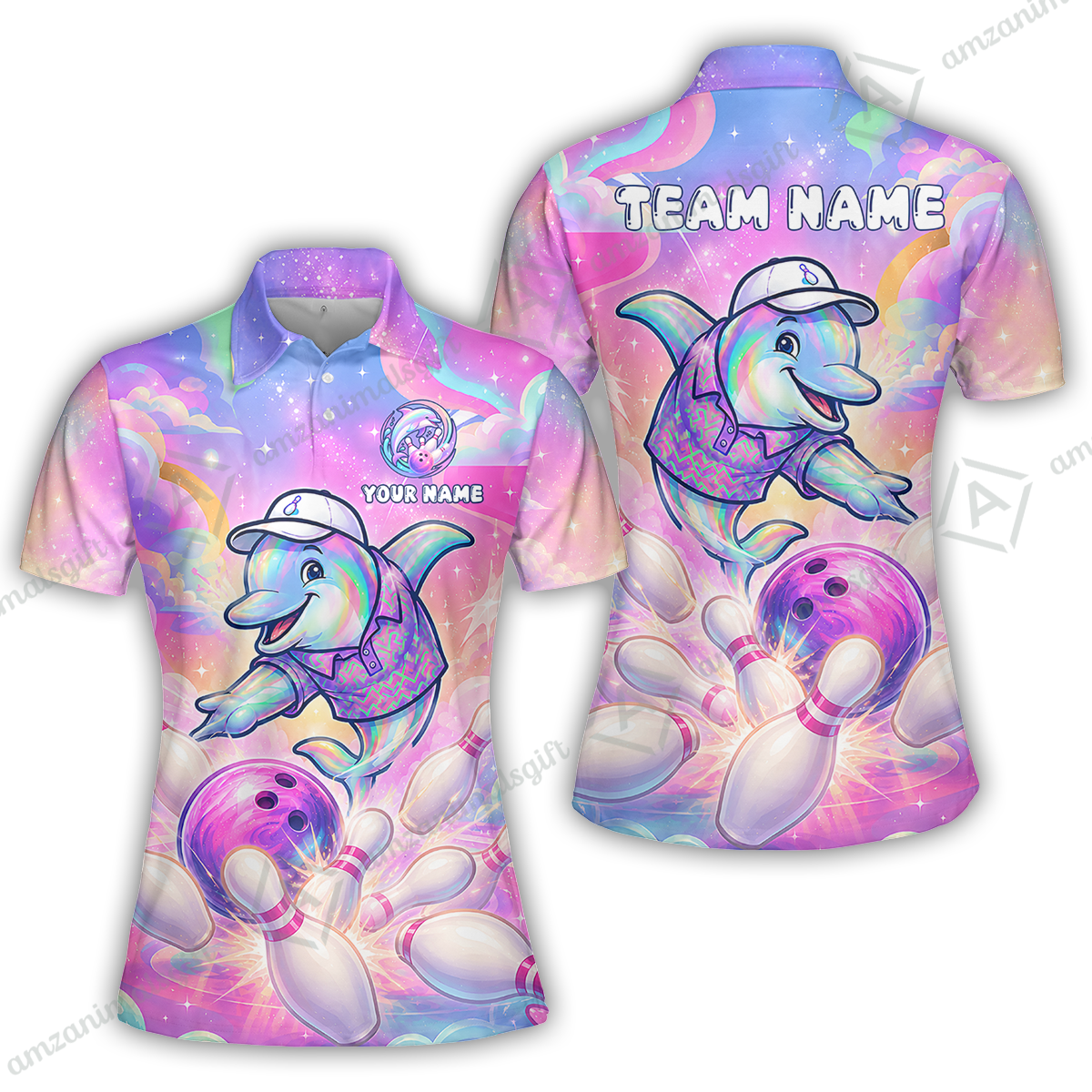 Custom Bowling Jersey Polo Shirt, Dolphin In Galaxy, Custom Bowling Jersey Team Shirt For Players With Name and Team Name