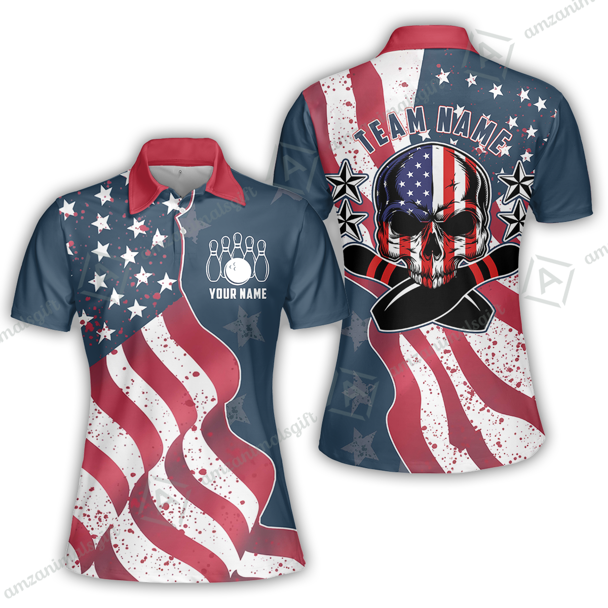 Bowling Custom Women Polo Shirt - Custom Name Vintage American Flag Skull Bowling Personalized Bowling Polo Shirt - Gift For Friend, Family, Bowling Lovers