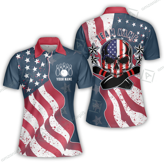 Bowling Custom Women Polo Shirt - Custom Name Vintage American Flag Skull Bowling Personalized Bowling Polo Shirt - Gift For Friend, Family, Bowling Lovers