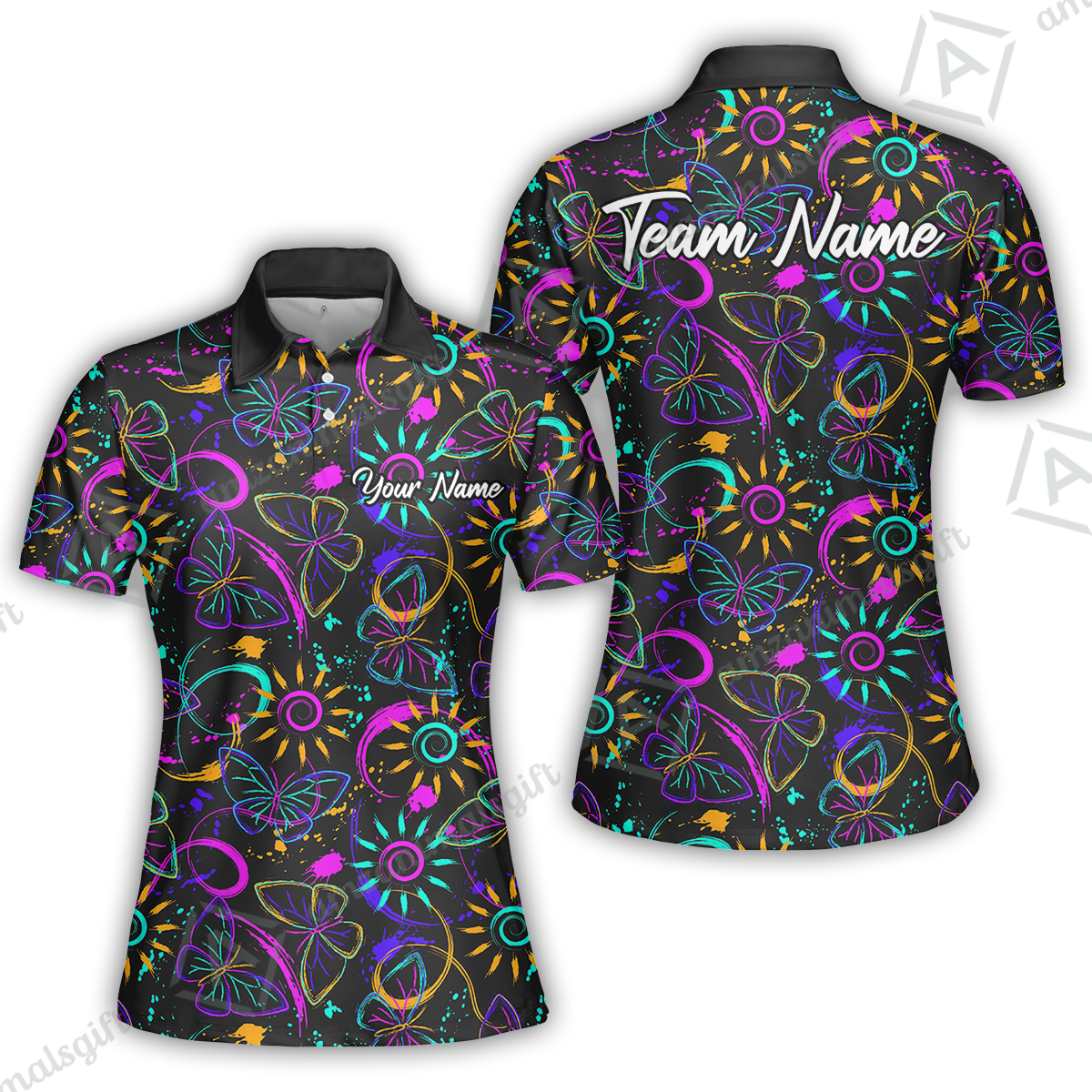 Custom Bowling Jersey Polo Shirt, Colorful Butterfly Bowling, Custom Bowling Jersey Team Shirt For Players With Name & Team Name