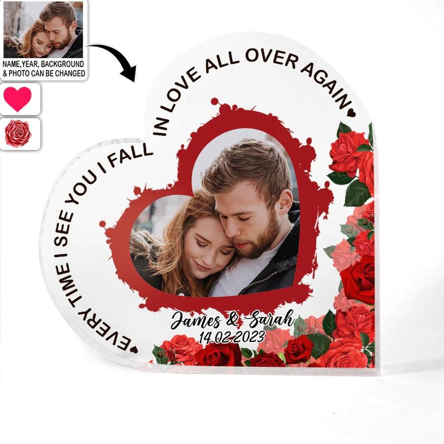 Women's Day, Valentine Shaped Acrylic Plaque - Everytime I See You I Fall In Love All Over Again Custom Photo Personalized - Perfect Gift For Women's Day, Valentine - Amzanimalsgift