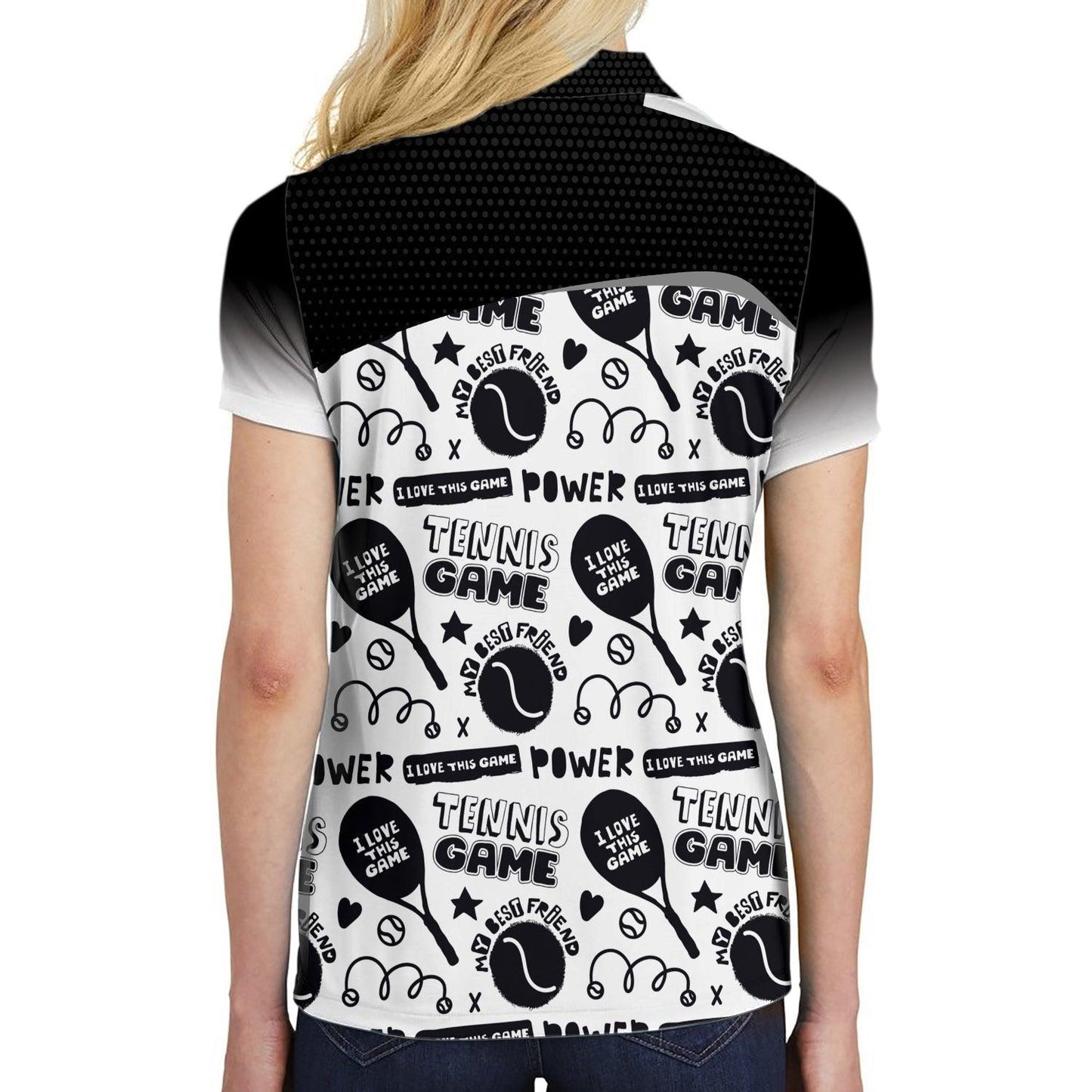 Women Tennis Polo Shirts - Black And White I Love Tennis Game Custom Women Polo Shirts - Amzanimalsgift