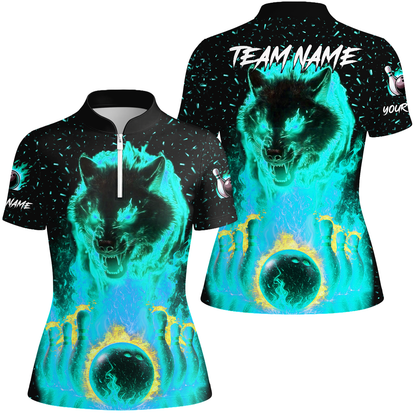 Customized Bowling Jersey, Glowing Wolf with Fiery Bowling Pins , Uniform Bowling - Personalized Name And Team Name