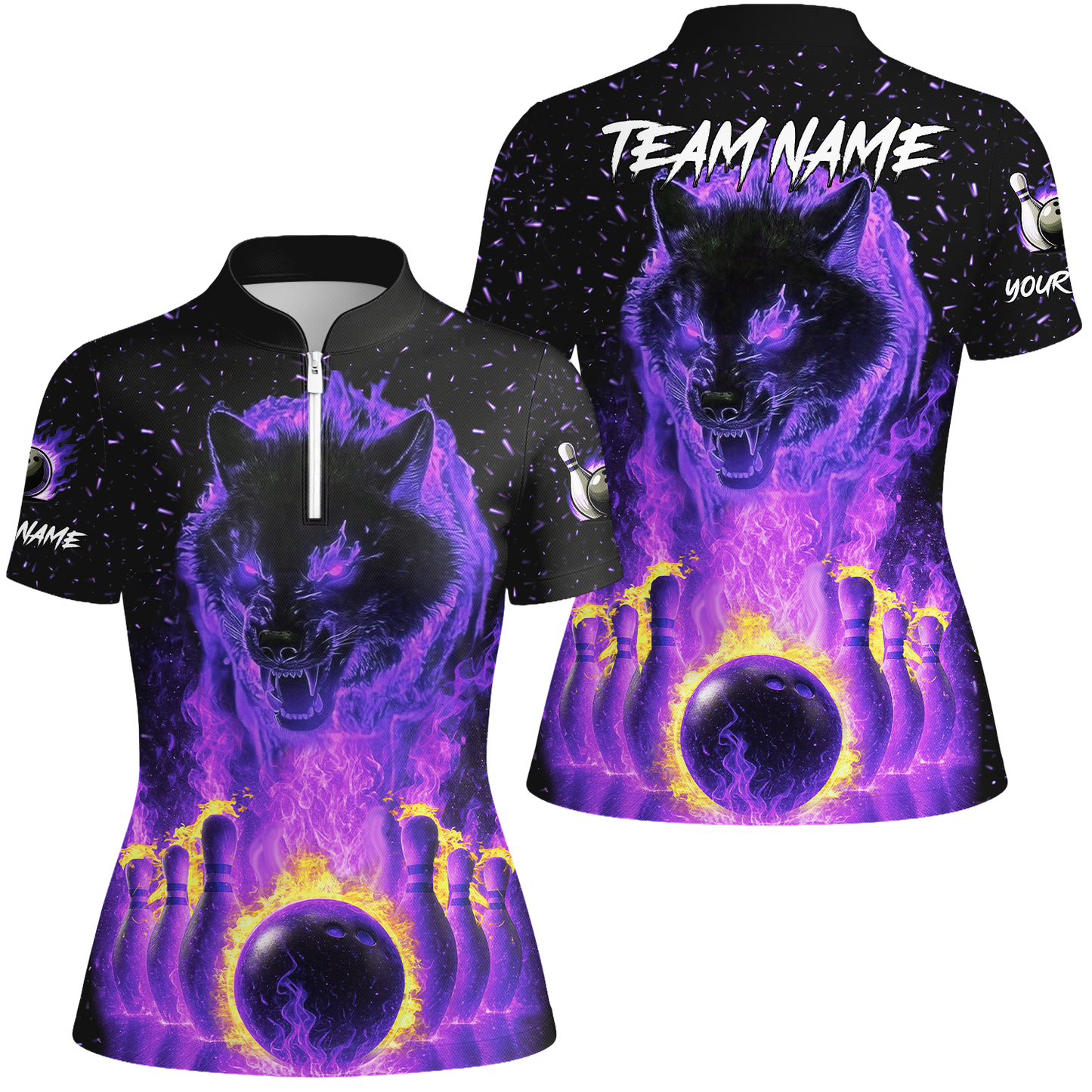 Customized Bowling Jersey, Glowing Wolf with Fiery Bowling Pins , Uniform Bowling - Personalized Name And Team Name