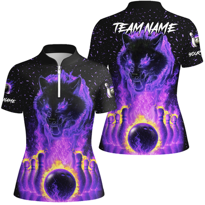 Customized Bowling Jersey, Glowing Wolf with Fiery Bowling Pins , Uniform Bowling - Personalized Name And Team Name