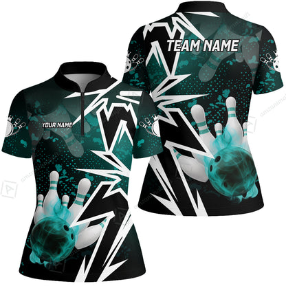 Customized Bowling Polo, Bowling And Pins Smoke Multicolor Option Customized Name And Team Zipper Polo Jerseys Shirts
