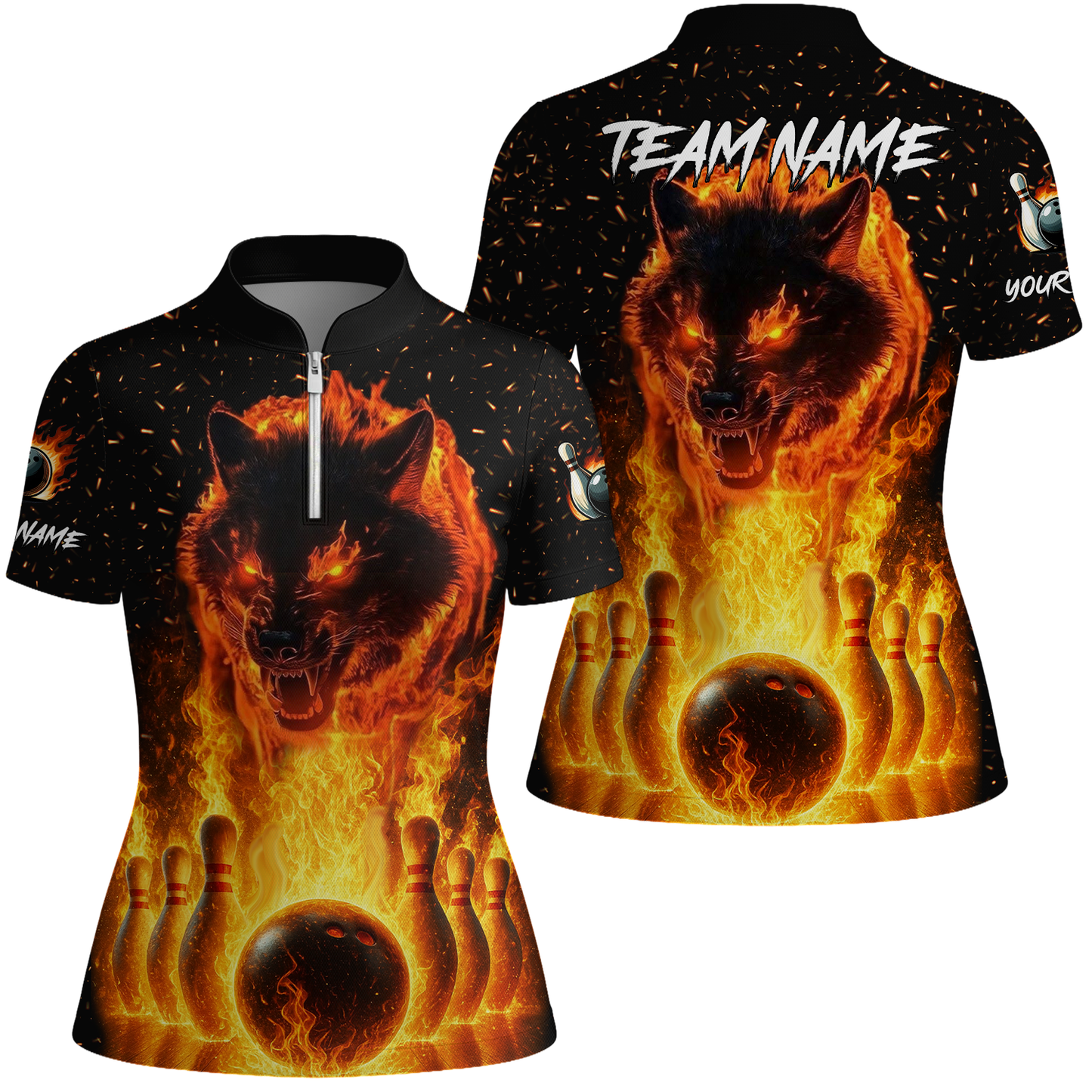 Customized Bowling Jersey, Glowing Wolf with Fiery Bowling Pins , Uniform Bowling - Personalized Name And Team Name