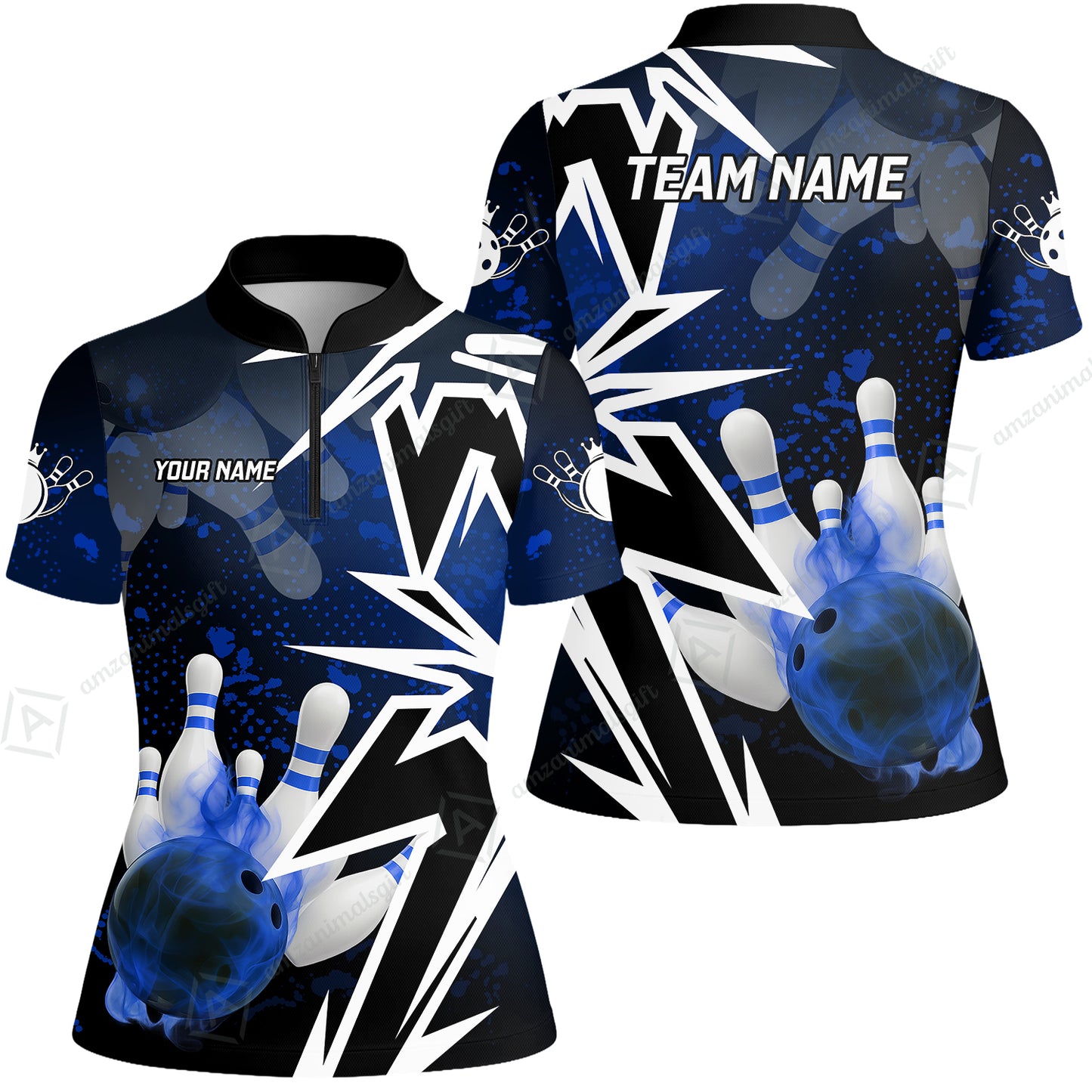 Customized Bowling Polo, Bowling And Pins Smoke Multicolor Option Customized Name And Team Zipper Polo Jerseys Shirts
