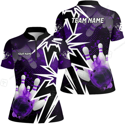 Customized Bowling Polo, Bowling And Pins Smoke Multicolor Option Customized Name And Team Zipper Polo Jerseys Shirts