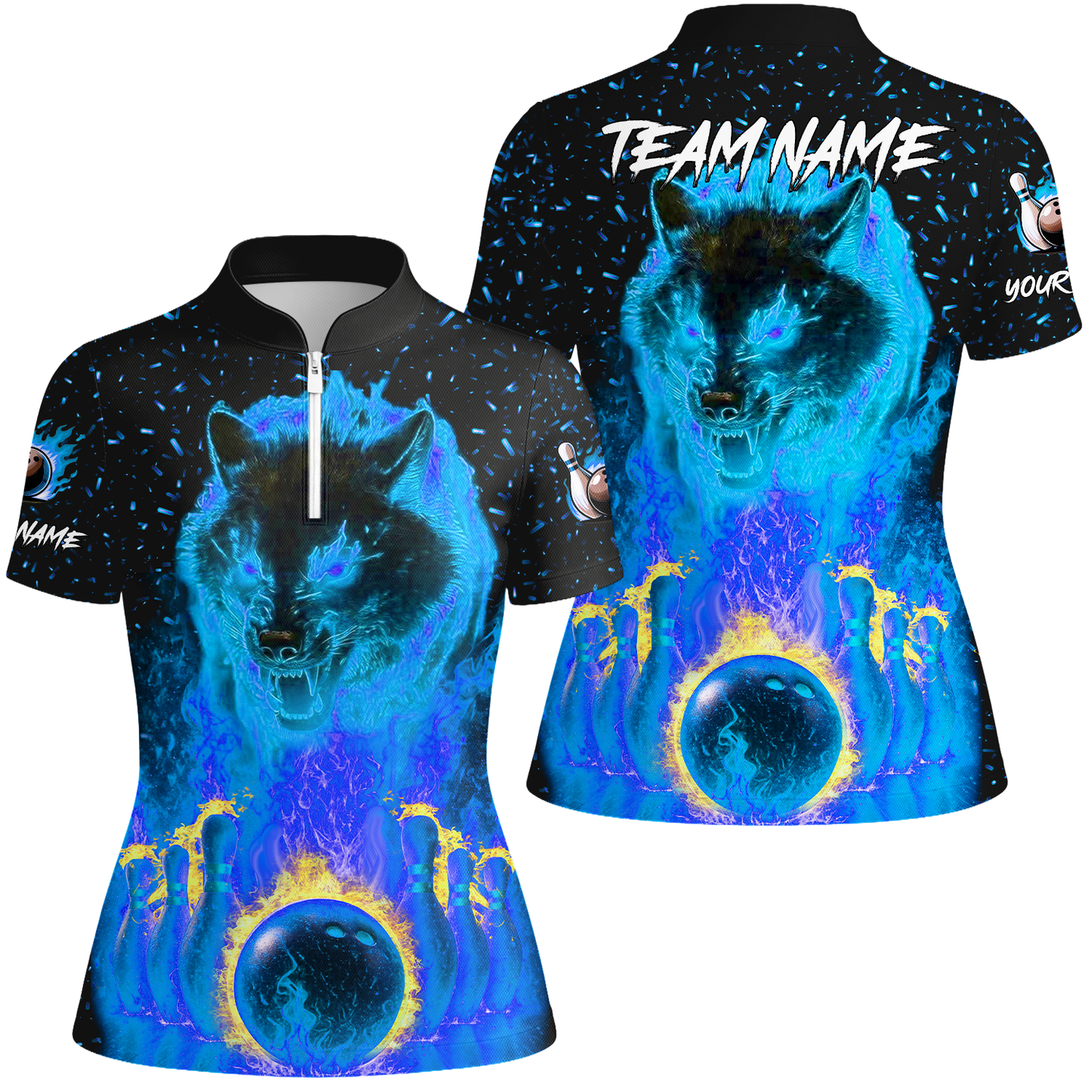 Customized Bowling Jersey, Glowing Wolf with Fiery Bowling Pins , Uniform Bowling - Personalized Name And Team Name