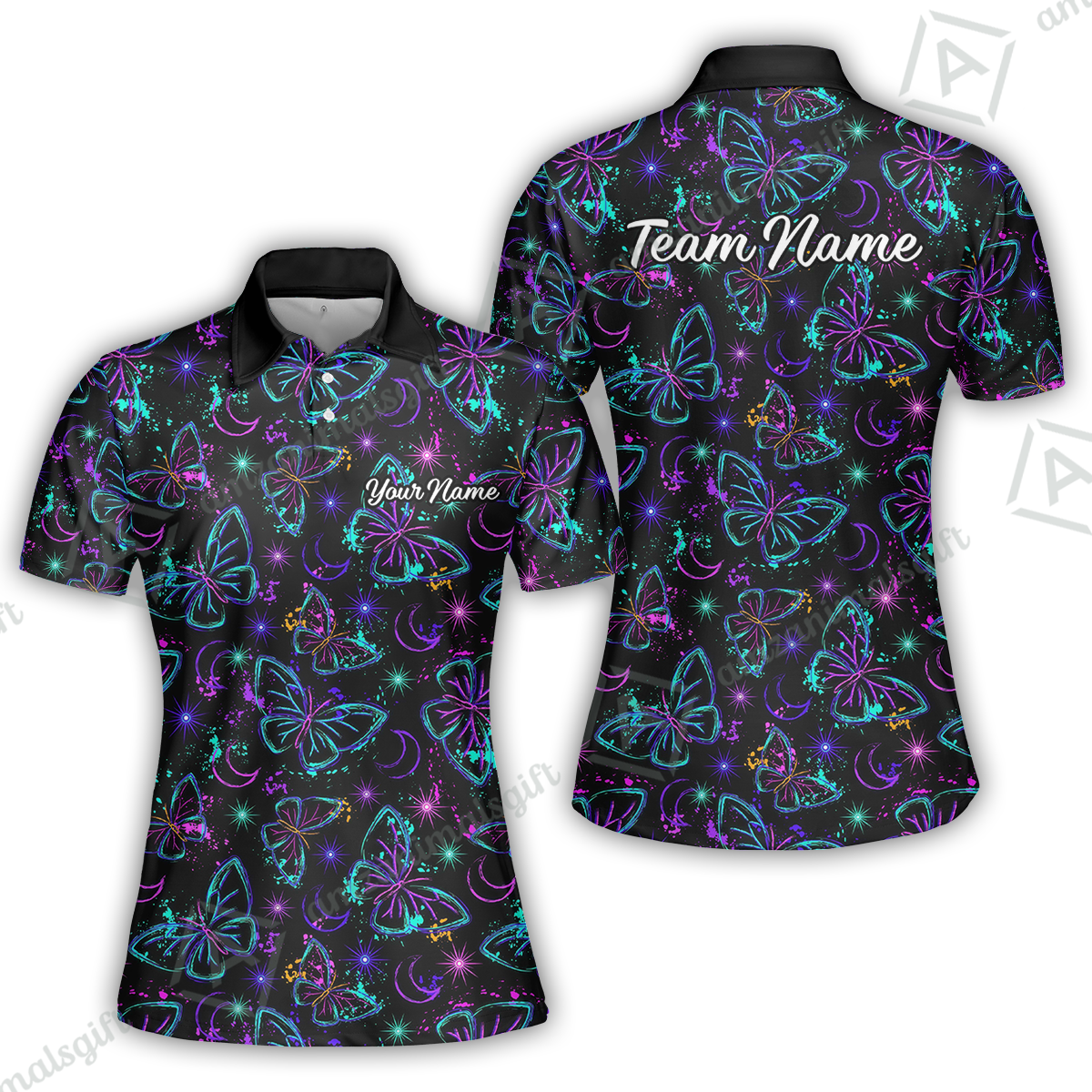 Custom Bowling Jersey Polo Shirt, Butterfly Moon Bowling, Custom Bowling Jersey Team Shirt For Players With Name & Team Name