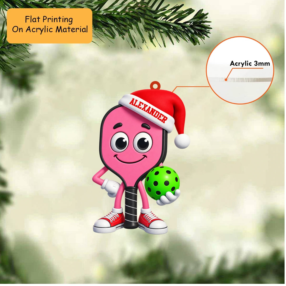 Personalized Pickleball Christmas Ornament, Cute Pink Paddle Mascot Green Ball, Custom Ornament Christmas Gift, Keychain Pickleball , Car Ornament Pickleball 