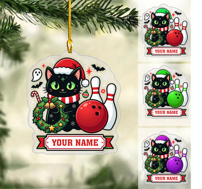 Personalized Bowling Cat Christmas Ornament, Spooky Black Cat With Bowling Ball, Custom Ornament Christmas Gift, Keychain Bowling, Car Ornament Bowling
