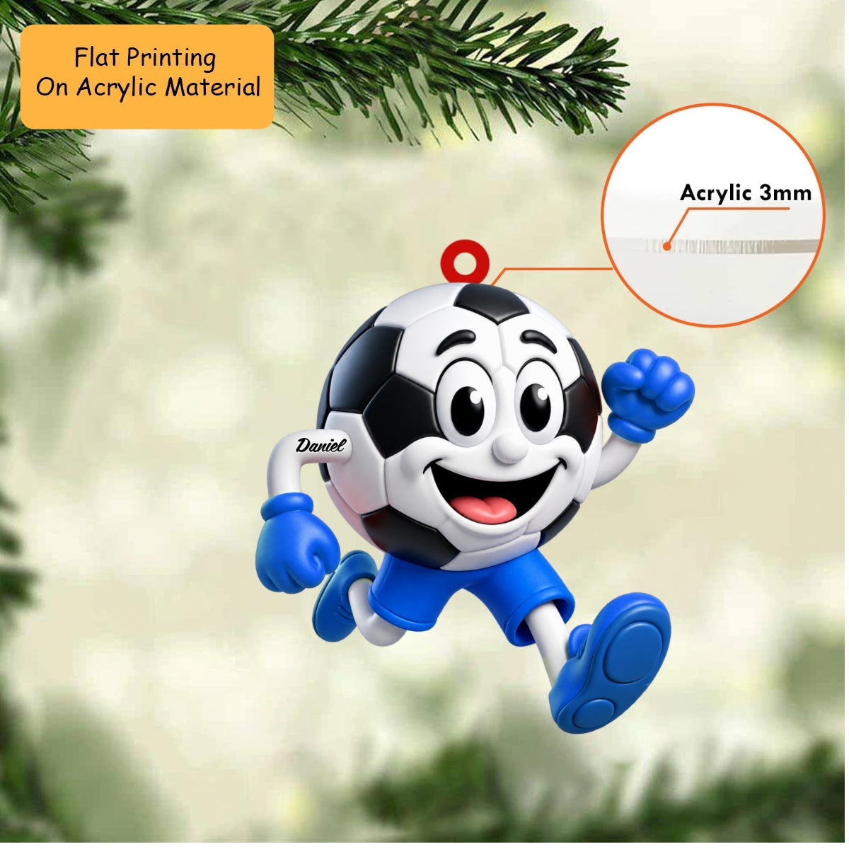 Personalized Soccer Christmas Ornament, Happy Running Soccer Ball Mascot, Custom Ornament Christmas Gift, Keychain Soccer, Car Ornament Soccer